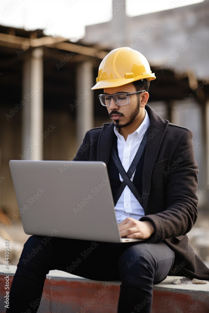a young male architect using his laptop while working in a building site a young male architect using his laptop while working in a building site