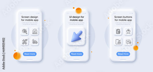 Cut ribbon, Chat bubble and Mental health line icons pack. 3d phone mockups with cursor. Glass smartphone screen. Rating stars, Search flight, Delivery web icon. Vector