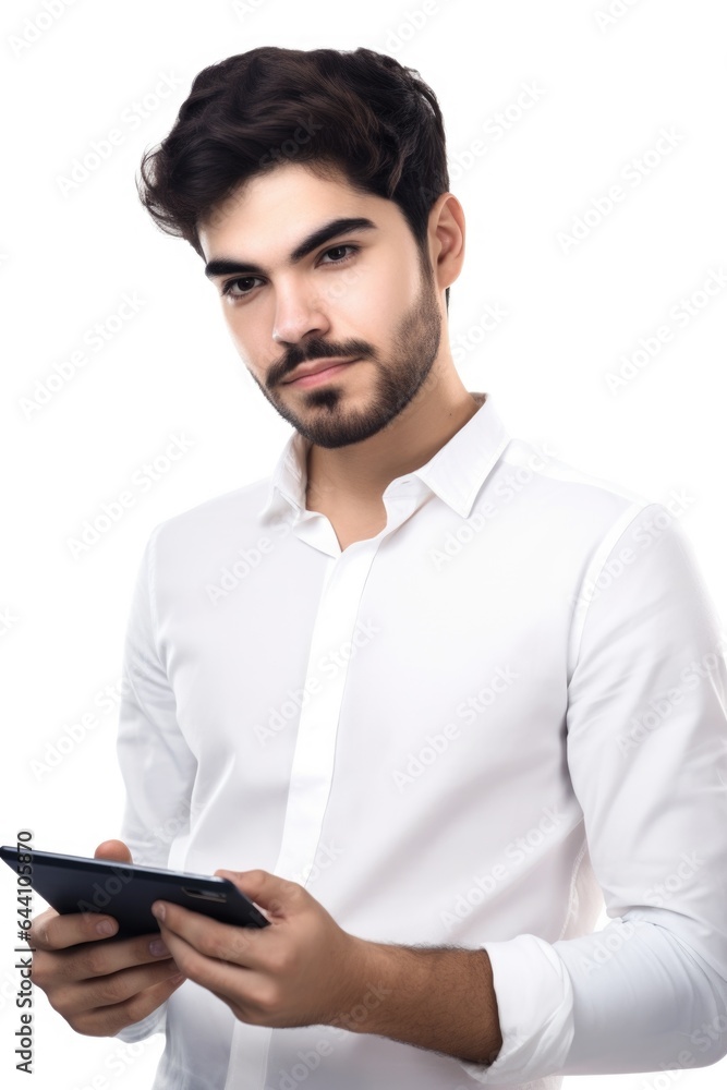 studio shot of a confident young man using a digital tablet against a white background studio shot of a confident young man using a digital tablet against a white background