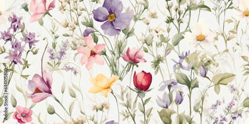 Modern Vintage floral seamless pattern on light background. contemporary Vector illustration. illustration of flowers, daffodil, narcissus, tulip, frame, wild flowers, plants and leaves.