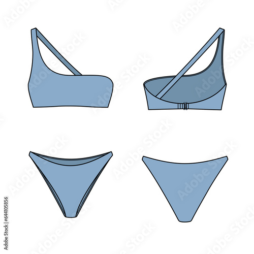 Asymmetrical Top Bikini technical fashion flat. Swimsuit vector illustration, front and back view, editable mockup template.	