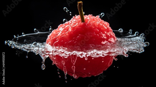 A single vibrant red lychee fruit isolated on a black background