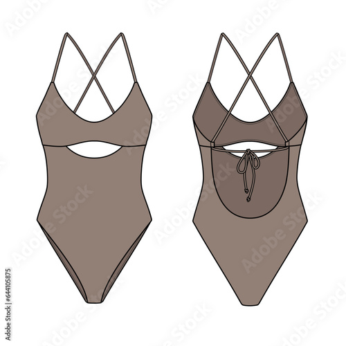 Cutout One Piece technical fashion flat. Swimsuit vector illustration, front and back view, editable mockup template.	
