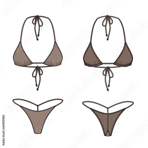 Micro String Bikini technical fashion flat. Swimsuit vector illustration, front and back view, editable mockup template.