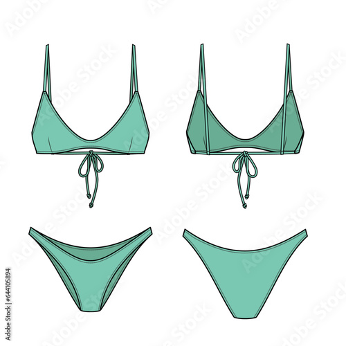 Sporty Cheeky Bikini technical fashion flat. Swimsuit vector illustration, front and back view, editable mockup template.