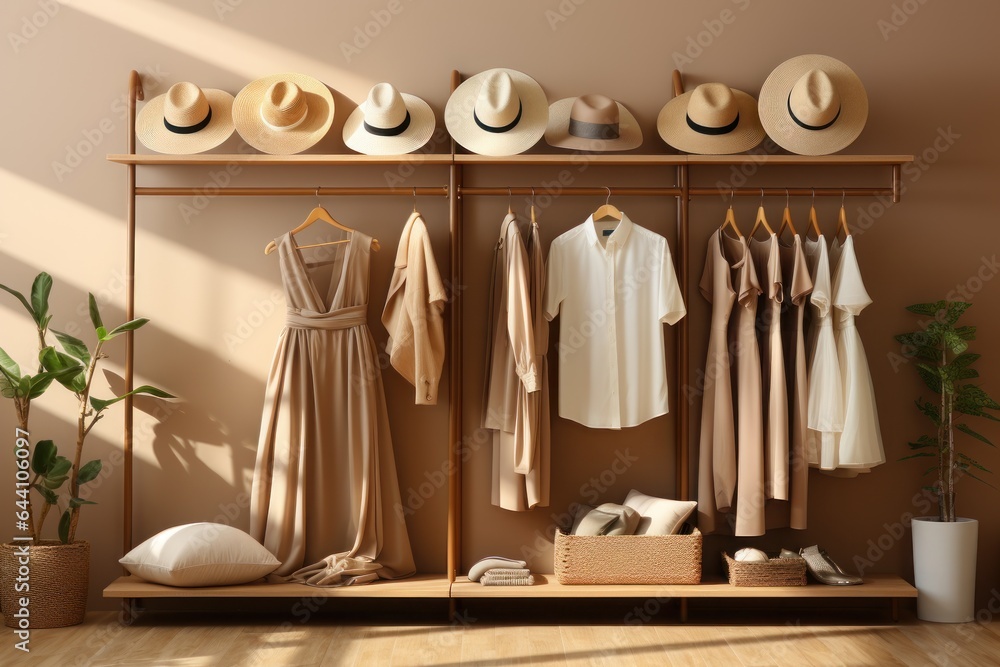 Room in the style of elegant clothing, light brown, collecting and modes of display. Generative AI. Room in the style of elegant clothing, light brown, collecting and modes of display. Generative AI.