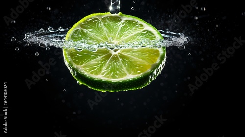 Circular lime slice with water splash on black background