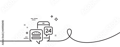 Food delivery app line icon. Continuous one line with curl. Contactless meal order sign. Grocery phone application symbol. Food app single outline ribbon. Loop curve pattern. Vector