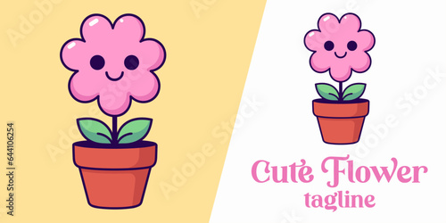 Cute flower in pot cartoon - vector icon illustration of nature object concept in isolated flat design