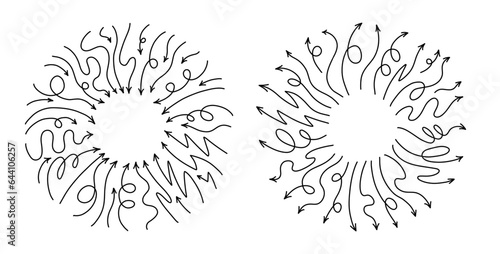 Round frames with line arrows pointing in and out of center. Vector curvy and wavy arrows isolated on white background.