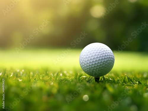 Golf ball on tee at beautiful green grass course with blurred bokeh light background