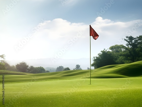 Golf red flag on beautiful golf course with clear sky