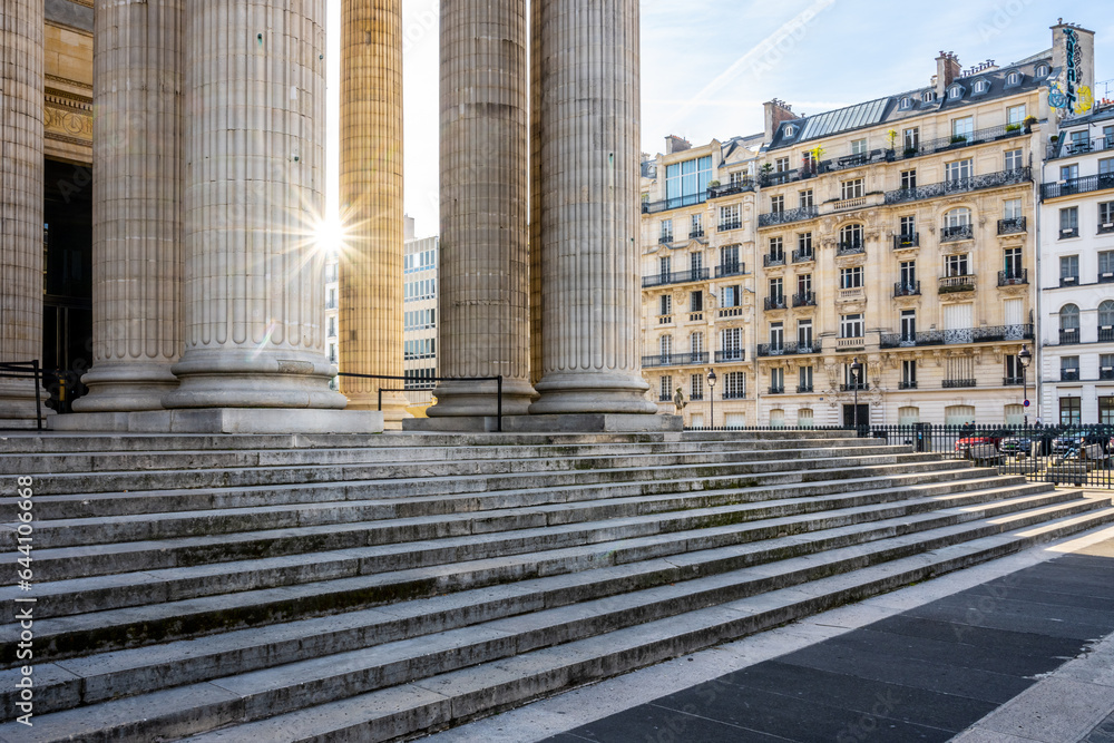 Main staircase and massive ancient columns of Pantheon in Paris, France