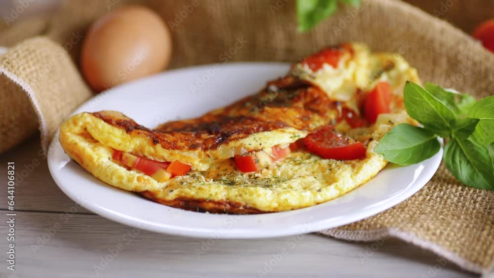 Dried spices are sprinkled on an omelet with tomatoes. Dried spices are sprinkled on an omelet with tomatoes.