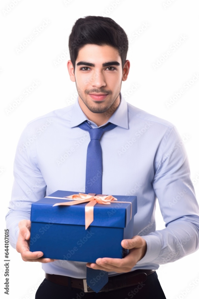 a handsome young man holding open a blue box while isolated on white a handsome young man holding open a blue box while isolated on white