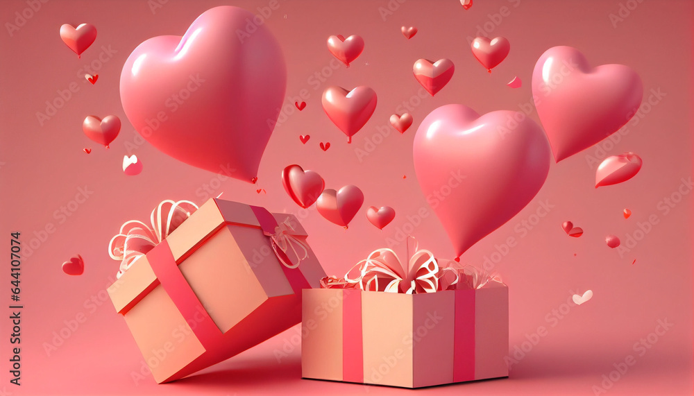 valentines day concept 3D heart shaped balloons flying with gift boxes on pink background. Love concept for Happy Mother's Day. Valentine's Day, Ai generated image