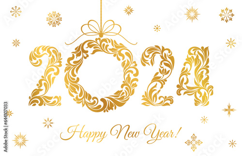 Happy New Year 2024. Decorative Font made of swirls and floral elements. Golden Numbers and Christmas wreath isolated on a white background.