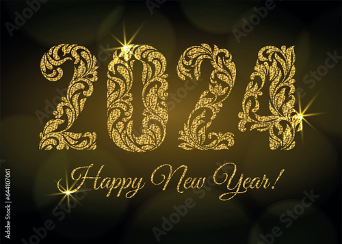 Happy New Year 2024. The figures from a floral ornament with golden glitter and sparks on a dark background with bokeh. Luxury design