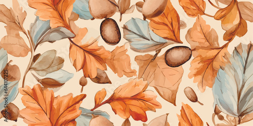 Autumn seamless pattern with different leaves and plants, seasonal colors