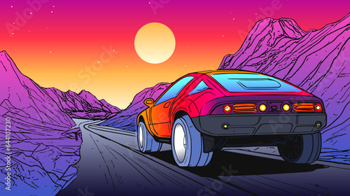 Offroad car on alien planet landscape in 80s synthwave or comics style. Travel truck on Mars mountain track, sci-fi scene.
