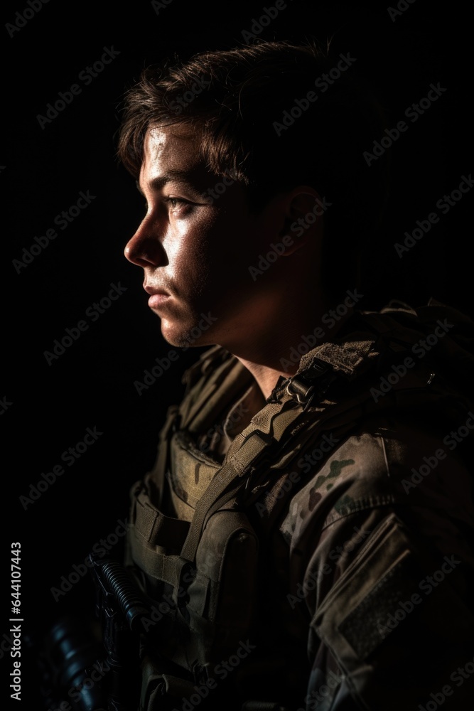 Obraz premium portrait of an armed soldier backlit against a dark background