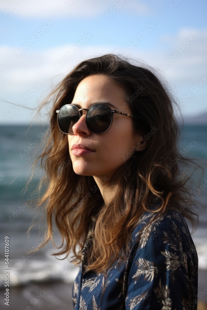 a photo of a beautiful woman wearing sunglasses with ocean in the background a photo of a beautiful woman wearing sunglasses with ocean in the background