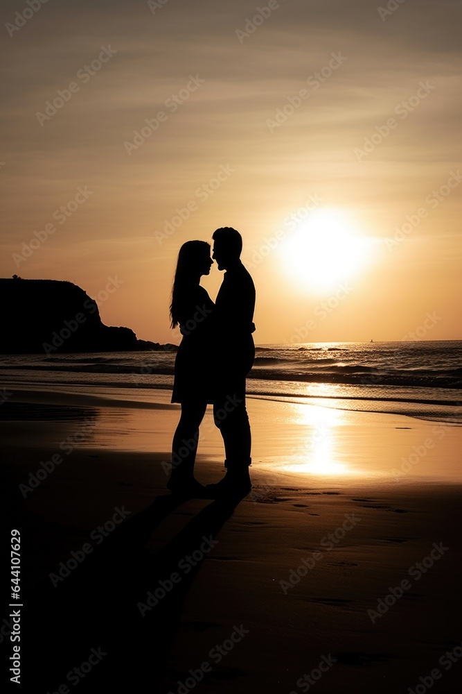 silhouette of a happy young couple walking along the beach with their arms around each other