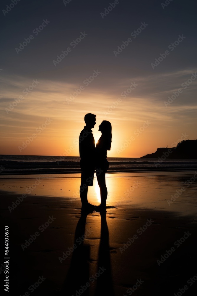 silhouette of a happy young couple walking along the beach with their arms around each other silhouette of a happy young couple walking along the beach with their arms around each other