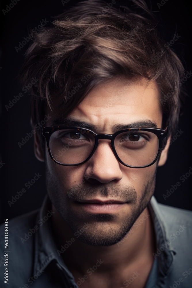 closeup portrait of a handsome man with dark glasses on closeup portrait of a handsome man with dark glasses on
