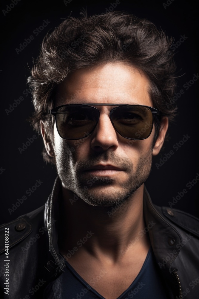 closeup portrait of a handsome man with dark glasses on closeup portrait of a handsome man with dark glasses on