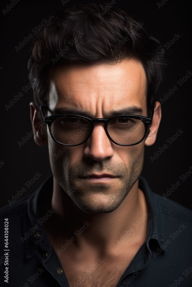 closeup portrait of a handsome man with dark glasses on closeup portrait of a handsome man with dark glasses on