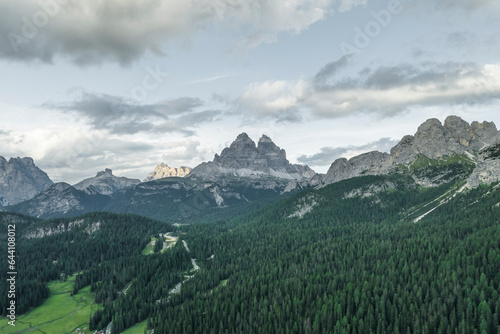 Aerial view of Tre Cime di Lavaredo peaks as seen from Misurina Lake, Auronzo di Cadore, Dolomites, Veneto, Italy. photo