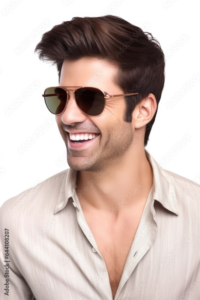 smiling handsome man wearing stylish sunglasses against a white background smiling handsome man wearing stylish sunglasses against a white background