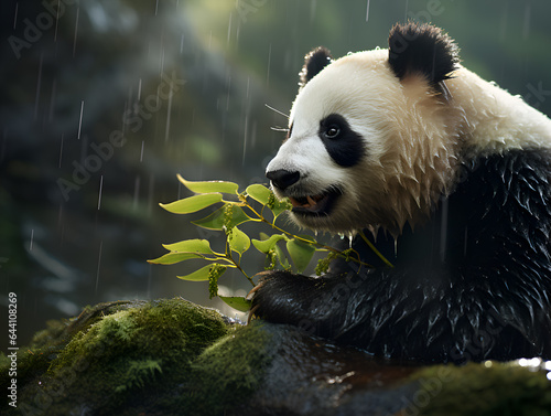 Panda in a forest under the rain. Cute giant panda bear in nature. Panda in a forest in it s natural habitat