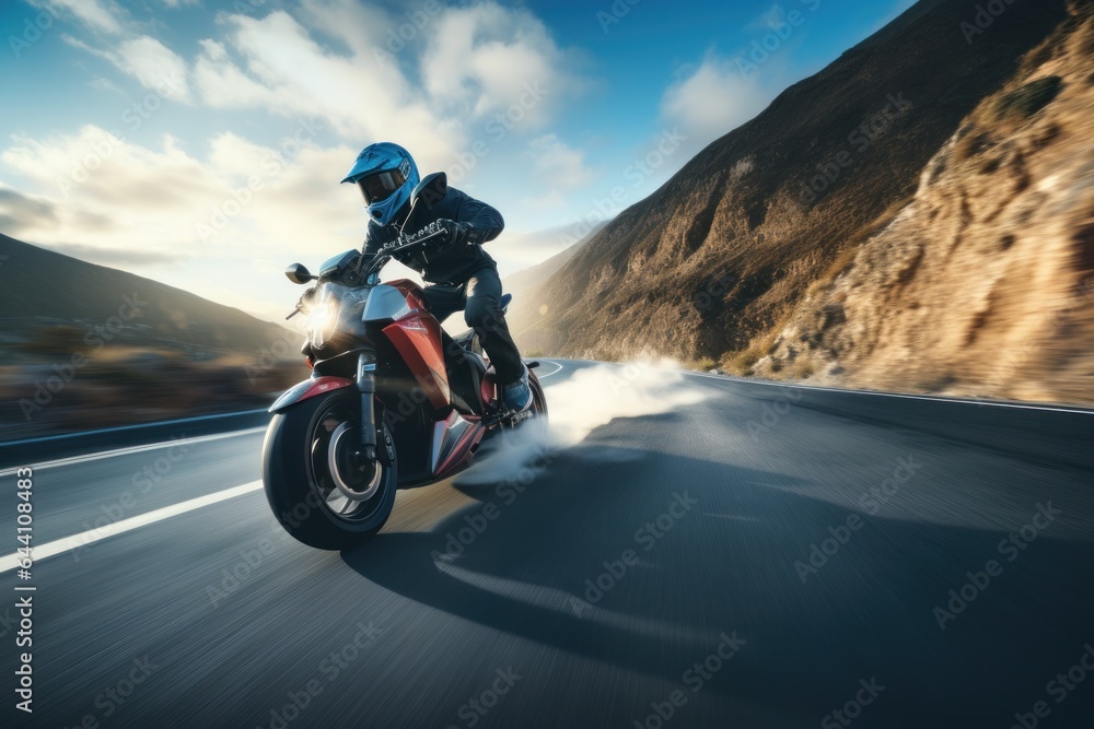 A motorcyclist rides on a highway.