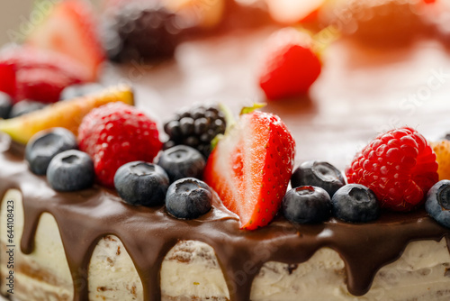 close uo of chocolate cake with berries