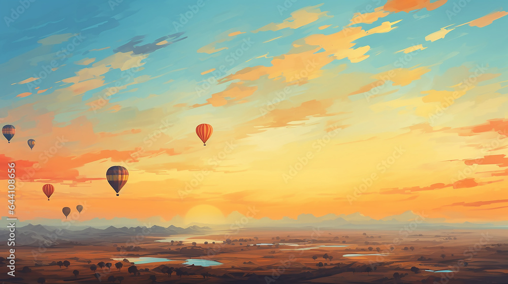 the balloon is flying against the background of the sunset sky landscape travel freedom adventure oil paints. the balloon is flying against the background of the sunset sky landscape travel freedom adventure oil paints.