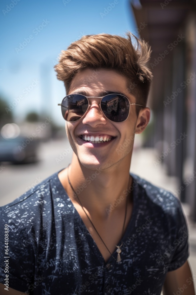 a happy young man holding his shades in front of him a happy young man holding his shades in front of him