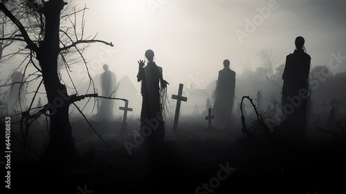 fog and horror in the cemetery.