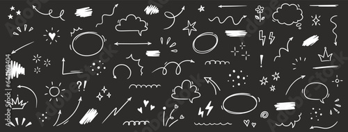 Sketch line cute star element, arrow, heart shape. Hand drawn doodle sketch style circle, cloud speech bubble grunge element set. Arrow, star sparkle, heart brush decoration. Vector illustration