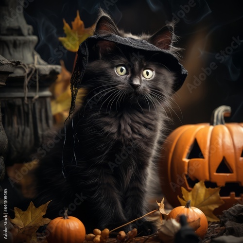 Photo of a Halloween-themed black cat wearing a witches hat surrounded by pumpkins created with Generative AI technology