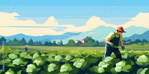 Farm landscape with agriculture field and farmer with crate of vegetables. Worker collecting harvest on plantation. Man in farmland with box of cabbages. Flat vector illustration of agronomist