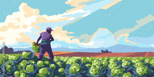 Farm landscape with agriculture field and farmer with crate of vegetables. Worker collecting harvest on plantation. Man in farmland with box of cabbages. Flat vector illustration of agronomist