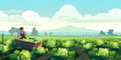 Farm landscape with agriculture field and farmer with crate of vegetables. Worker collecting harvest on plantation. Man in farmland with box of cabbages. Flat vector illustration of agronomist
