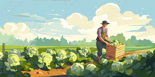 Farm landscape with agriculture field and farmer with crate of vegetables. Worker collecting harvest on plantation. Man in farmland with box of cabbages. Flat vector illustration of agronomist