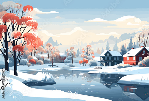 Winter landscape and houses on a vector background with snowflakes falling from the sky. Christmas winter landscapes of cold weather and rustic houses in urban or rural forest, snowy hills and fields
