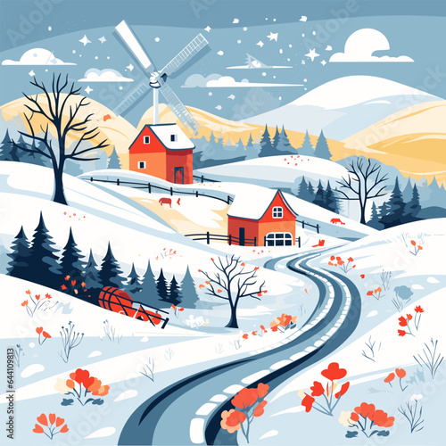 Winter landscape and houses on a vector background with snowflakes falling from the sky. Christmas winter landscapes of cold weather and rustic houses in urban or rural forest, snowy hills and fields