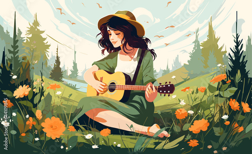 Vector illustration of young woman sitting on the grass and playing the guitar by plants