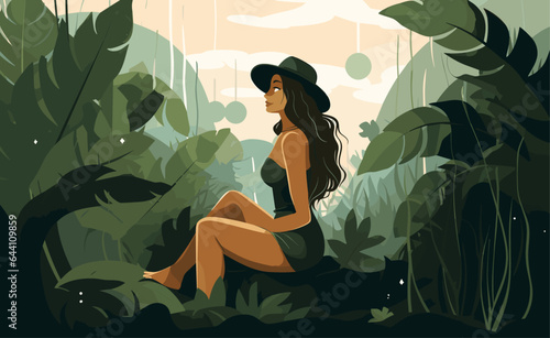Jungle forest, nature landscape with green plants, trees. Person explores, travels in rainforest, dense Amazon woods adventure. Tropical panorama, exotic environment. Flat vector illustration