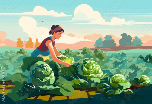 Farm landscape with agriculture field and farmer with crate of vegetables. Worker collecting harvest on plantation. Man in farmland with box of cabbages. Flat vector illustration of agronomist